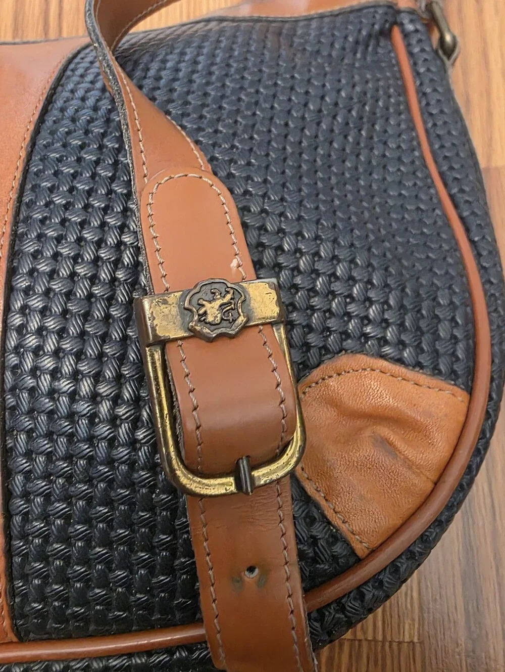 Vintage John Romain Navy Blue Tan Two Tone Shoulder Bag Crossbody Purse Textured